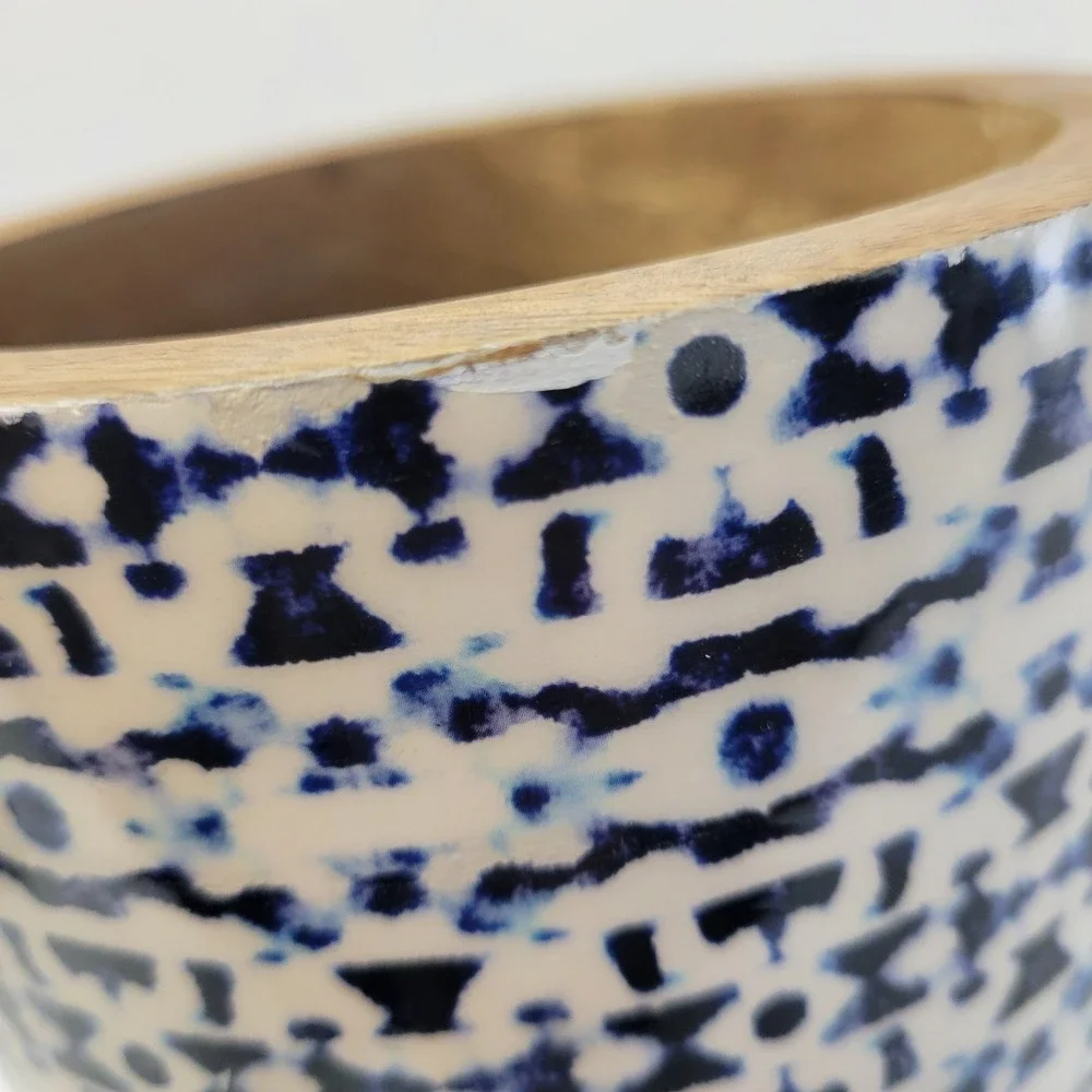 Viva Terra Tall Canister Jesses Indigo Blue‎ White Bohemian Evil Eye Wood Base